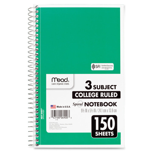 Mead 3-Subject Wirebound College Rule Notebook - 150 Sheets - Spiral - College Ruled - 5 1/2" x 9" (MEA06900)