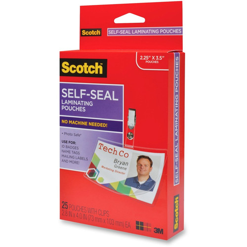 Scotch Self-Laminating ID Clip-Style Pouches - Support 4" x 2.80" Media - Horizontal - 25 / Pack - (MMMLS852G)