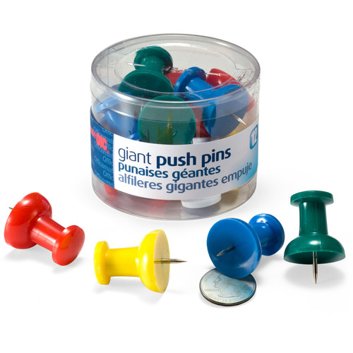 Officemate Giant Push Pins - 1.5" Length - 12 / Pack - Assorted (OIC92902)