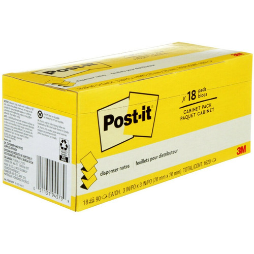 Post-it Dispenser Notes - 1620 - 3" x 3" - Square - 90 Sheets per Pad - Unruled - Canary - - - (MMMR33018CP)