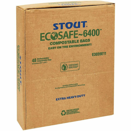 Stout EcoSafe Trash Bags - 30 gal Capacity - 30" Width x 39" Length - 1.10 mil (28 Micron) - Green (STOE3039E11)
