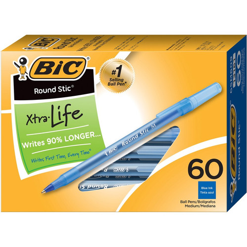 BIC Round Stic Ballpoint Pens - Medium Pen Point - Blue - Blue Barrel - 60 / Box (BICGSM609BE)