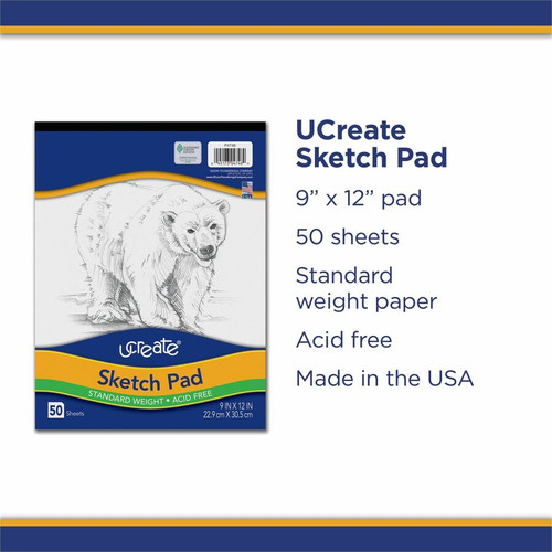 UCreate Medium Weight Sketch Pads - 50 Sheets - 9" x 12" - White Paper - Acid-free, Mediumweight - (PAC4746)