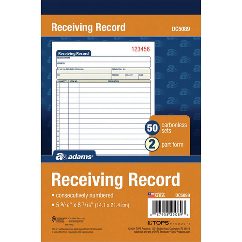 Adams Carbonless Receiving Record Book - 50 Sheet(s) - 2 PartCarbonless Copy - 5.56" x 8.43" Sheet (ABFDC5089)