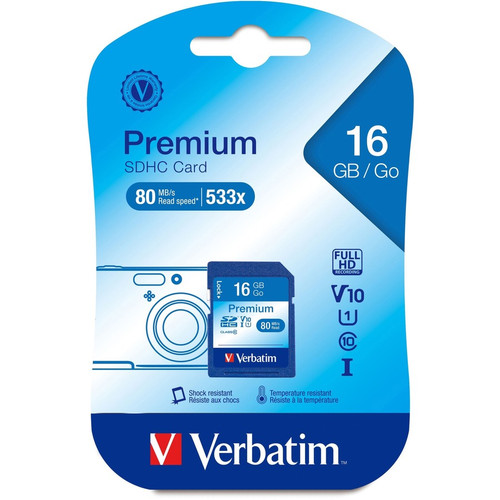 Verbatim 16GB Premium SDHC Memory Card, UHS-I Class 10 - Class 10 - 1 Card/1 Pack - 133x Memory (VER96808)