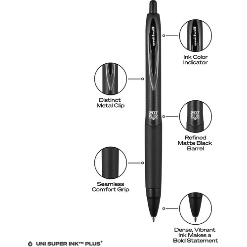 uniball 207 Plus+ Gel Pen - Medium Pen Point - 0.7 mm Pen Point Size - Retractable - Black - (UBC70462)