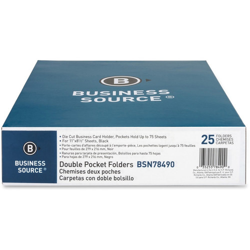 Business Source Letter Recycled Pocket Folder - 8 1/2" x 11" - 100 Sheet Capacity - 2 Inside Front (BSN78490)