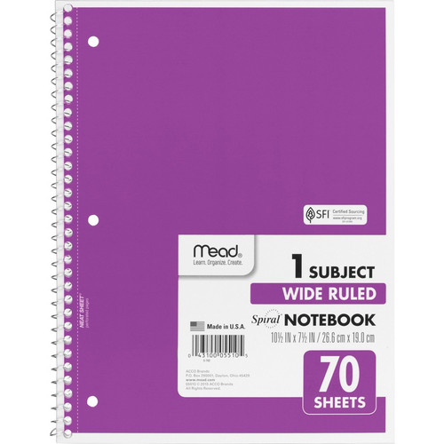 Mead Wide Ruled 1-Subject Notebooks - 70 Sheets - Spiral - Wide Ruled - 8" x 10 1/2" - White Paper (MEA05510BD)