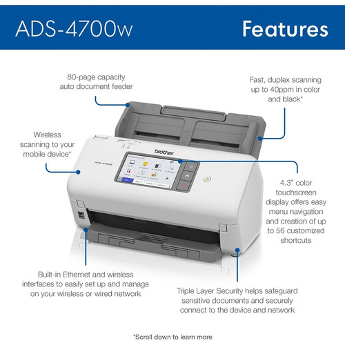 Brother Professional Desktop Scanner ADS-4700W - 48-bit Color - 40 ppm (Mono) - 40 ppm (Color) - - (BRTADS4700W)