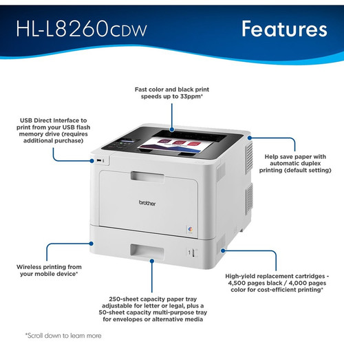 Brother HL HL-L8260CDW Desktop Laser Printer - Color - 33 ppm Mono / 33 ppm Color - 2400 x 600 dpi (BRTHLL8260CDW)