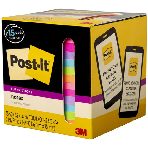 Post-it Super Sticky Notes - 15 - 3" x 3" - Square - 45 Sheets per Pad - Neon Orange, Tropical (MMM65415SSCP)