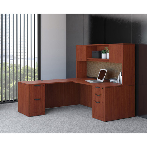 Classic Executive L-Shaped Desk with Tackboard, Overhead Storage and Optional Drawers