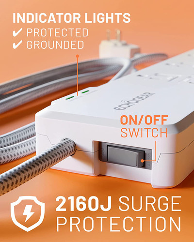 Surge Protector Power Strip with USB-A & USB-C Ports - Low Profile Design with Braided 6' Cord, Flat Plug & 2160 Joules of Multi Outlet Surge Protection (MOSECHOGEAR)