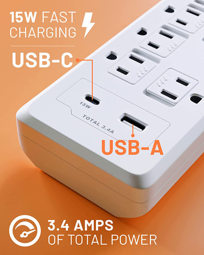 Surge Protector Power Strip with USB-A & USB-C Ports - Low Profile Design with Braided 6' Cord, Flat Plug & 2160 Joules of Multi Outlet Surge Protection (MOSECHOGEAR)
