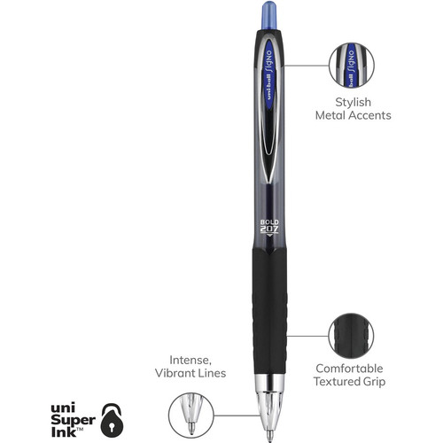 uniball 207 Gel Pen - Bold Pen Point - 1 mm Pen Point Size - Refillable - Retractable - Blue (UBC1790896)