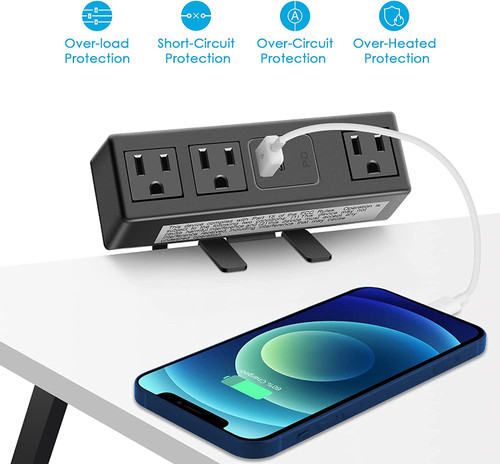 Desk Clamp Power Strip with PD 3.0 Fast Charging USB C Port, on Desktop Mount Widely Spaced Outlet 6 FT Flat Plug, Fit 1.6 inch Tabletop Edge Thick, 125V 12A 1500W (MOSCCCEI)