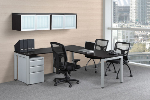Elements Laminate Contemporary L-Shaped Desk with Wall Mounted Overhead Storage and Optional Drawers