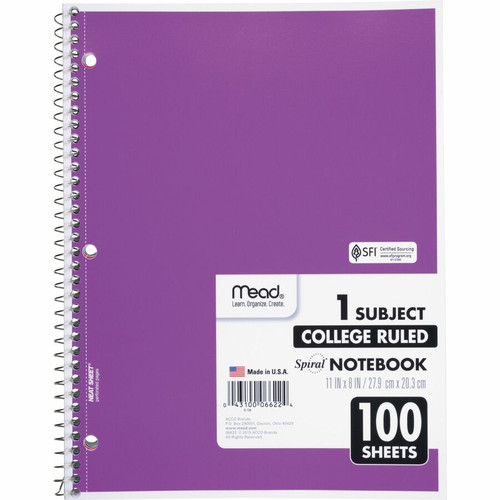 Mead One-subject Spiral Notebook - 100 Sheets - Spiral - College Ruled - 8" x 10 1/2"8" x 10.5" - - (MEA06622)