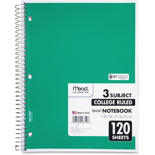 Mead 3-Subject Wire-bound Notebook - Letter-size - 120 Sheets - Spiral - College Ruled - Letter - x (MEA06710)