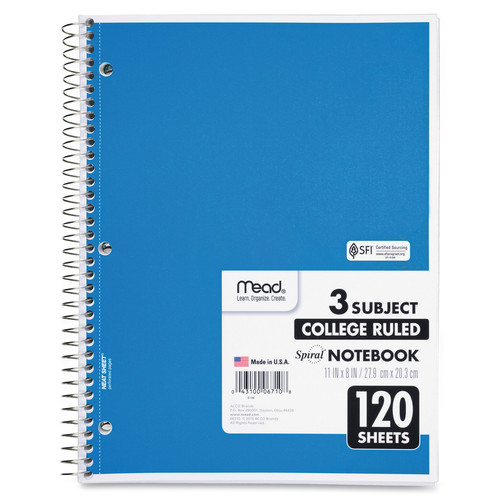 Mead 3-Subject Wire-bound Notebook - Letter-size - 120 Sheets - Spiral - College Ruled - Letter - x (MEA06710)