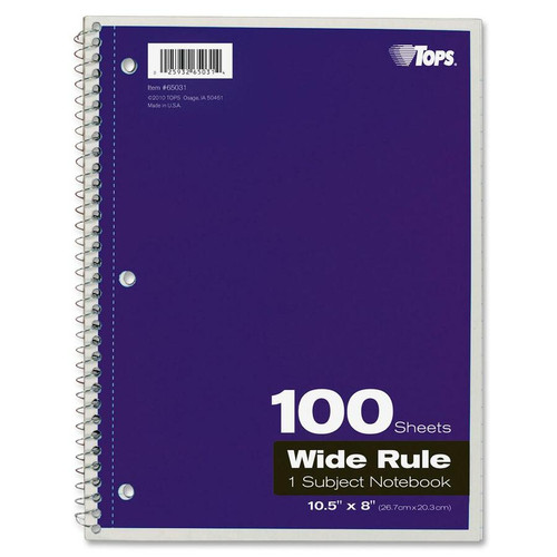 TOPS Wide Rule 1-subject Spiral Notebook - 100 Sheets - Wire Bound - 10 1/2" x 8" - 0.25" x 8" x - (TOP65031)