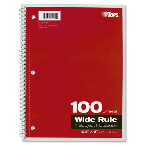 TOPS Wide Rule 1-subject Spiral Notebook - 100 Sheets - Wire Bound - 10 1/2" x 8" - 0.25" x 8" x - (TOP65031)