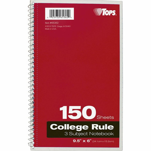 TOPS 3-subject College Ruled Notebook - 150 Sheets - Wire Bound - 9 1/2" x 6" - 13" x 7.5" x 9.8" - (TOP65362)