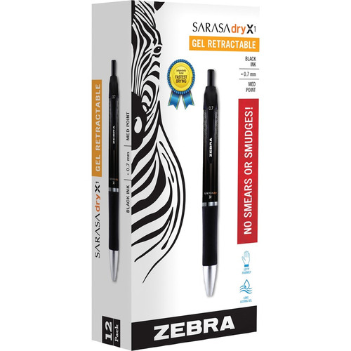 Zebra SARASA dry X1 Retractable Gel Pen - Retractable - Black Dry, Gel-based Ink - 1 Dozen (ZEB45610)