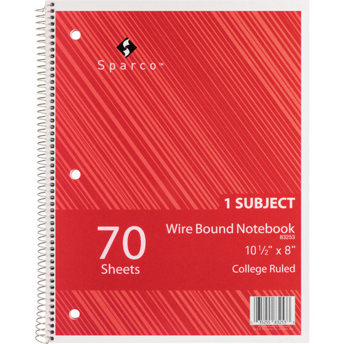 Sparco Wirebound Notebook - 70 Sheets - Wire Bound - College Ruled - Unruled Margin - 16 lb Basis - (SPR83253)