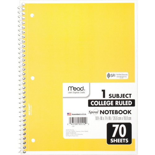 Mead One-subject Spiral Notebook - 70 Sheets - Spiral - College Ruled - 8" x 10 1/2" - White Paper (MEA05512BD)