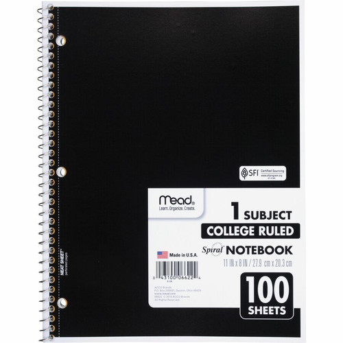Mead One-subject Spiral Notebook - 100 Sheets - Spiral - College Ruled - 8" x 10 1/2"8" x 10.5" - - (MEA06622BD)