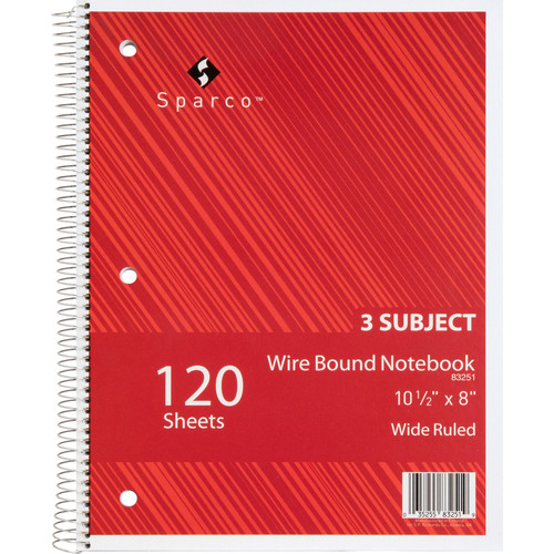 Sparco Quality 3HP Notebook - 3 Subject(s) - 120 Sheets - Wire Bound - Wide Ruled - Unruled Margin (SPR83251)