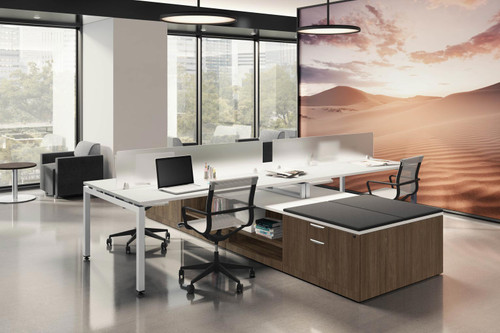 L-Shaped 4 Person Desk with Privacy Panels and Side Storage