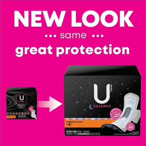 U by Kotex Ultra Thin Overnight Pads - WithWings - 1 Each - Individually Wrapped, Anti-leak, (KCC54912)