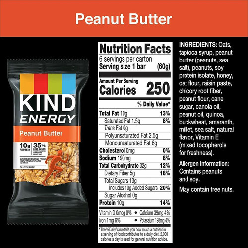 KIND Energy Bars - Trans Fat Free, Gluten-free, Individually Wrapped - Peanut Butter - 2.10 oz - 6 (KND28715)