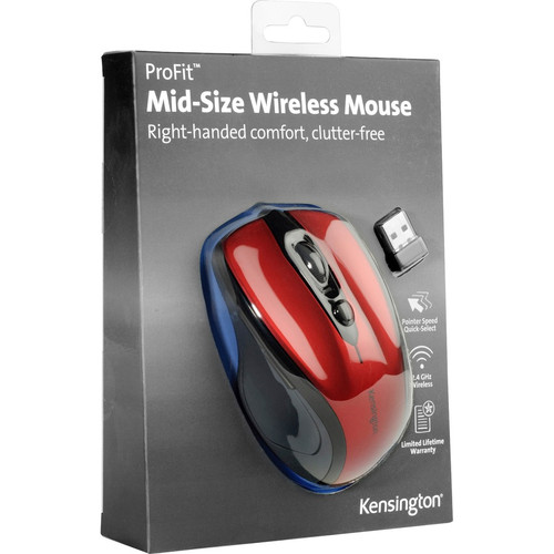 Kensington Pro Fit Mid-Size Wireless Mouse - Optical - Wireless - Radio Frequency - 2.40 GHz - Ruby (KMW72422)