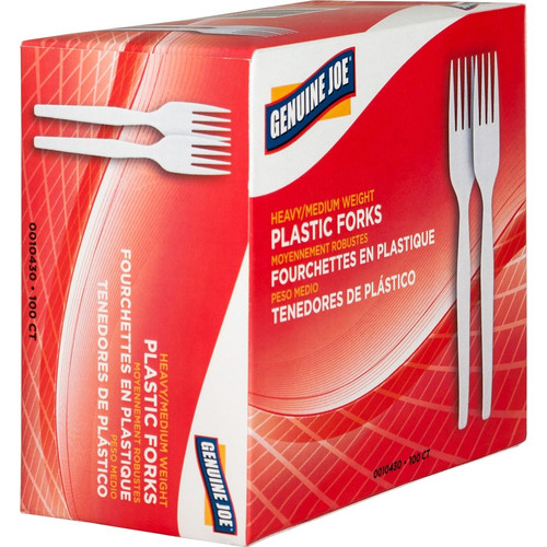Genuine Joe Heavyweight White Plastic Forks - 100/Box - Disposable - White (GJO0010430)