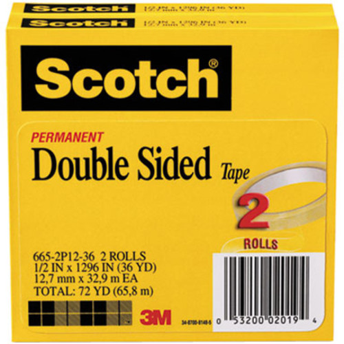 Scotch Permanent Double-Sided Tape - 1/2"W - 36 yd Length x 0.50" Width - 3" Core - Long Lasting - (MMM6652P1236)