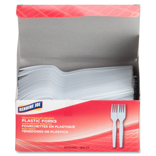 Genuine Joe Heavyweight White Plastic Forks - 100 / Box - 40/Carton - Disposable - White (GJO0010430CT)