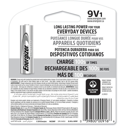 Energizer 9-Volt Recharge Batteries - For Multipurpose - Battery Rechargeable - 9V - 9 V DC - 150 - (EVENH22NBP)
