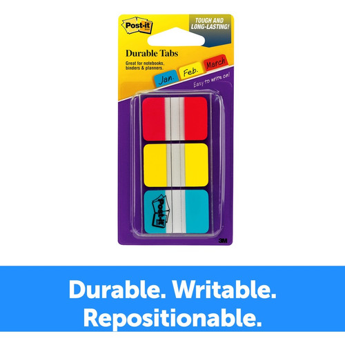 Post-it Durable Tabs - 36 Write-on Tab(s) - 1.50" Tab Height x 1" Tab Width - Red, Yellow, - - (MMM686RYBT)