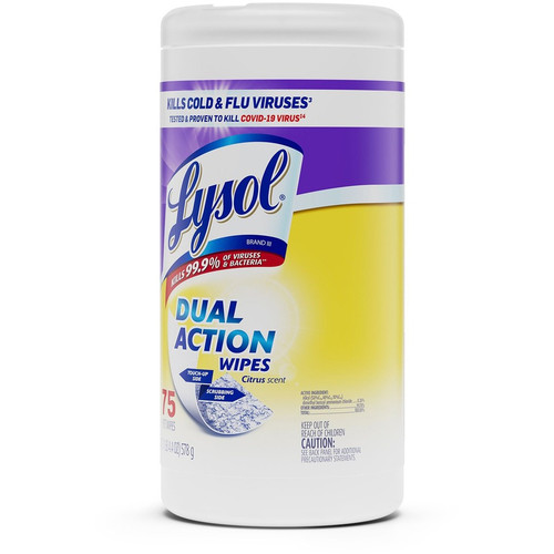 Lysol Dual Action Wipes - For Multipurpose - Citrus Scent - 7" Length x 7.25" Width - 75 / Canister (RAC81700)