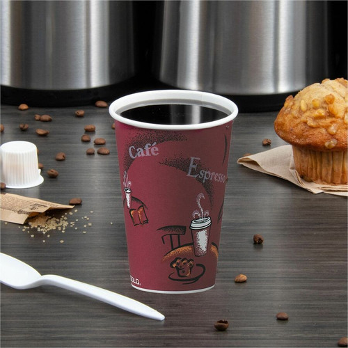 Solo 16 oz Bistro Design Hot Cups - 300 / Carton - Maroon - Poly Paper - Hot Drink, Coffee, Tea, (SCCOF16BI0041)