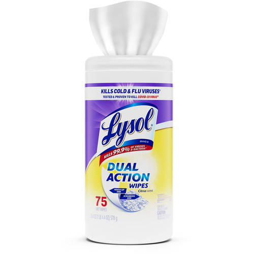 Lysol Dual Action Wipes - For Multipurpose - Citrus Scent - 7" Length x 7.25" Width - 75 / Canister (RAC81700CT)