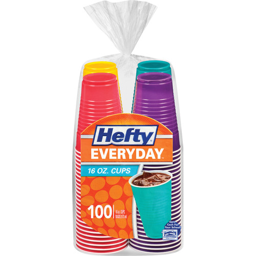 Hefty Everyday 16 oz Disposable Party Cups - 100 / Pack - 4 / Carton - Yellow, Purple, Red, Teal, - (RFPC21637CT)