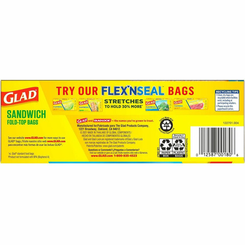 Glad Food Storage Bags - Sandwich Fold Top - 6.50" Width x 5.50" Length - Zipper Closure - Clear - (CLO60771)