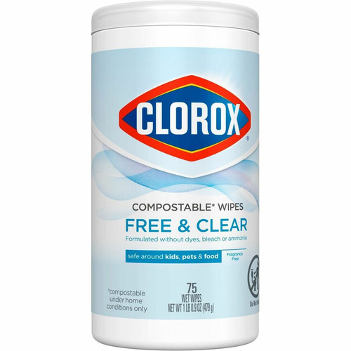 Clorox Free & Clear Compostable All Purpose Cleaning Wipes - 4.25" Length x 4.25" Width - 75 / Tub (CLO32486CT)