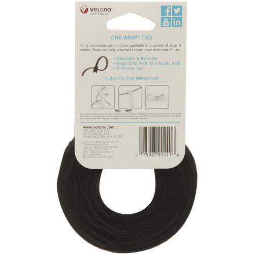 VELCRO One Wrap Pre-cut Bundling Ties - Tie - Black - 25 - 40 lb Loop Tensile - 8" Length (VEK91141)