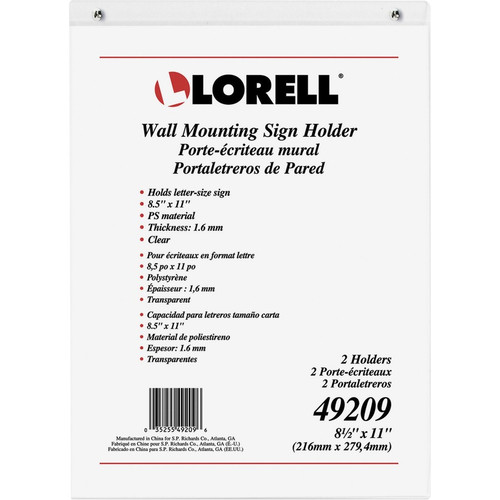 Lorell Wall-Mounted Sign Holders - Support 8.50" x 11" Media - Acrylic - 2 / Pack - Clear (LLR49209)