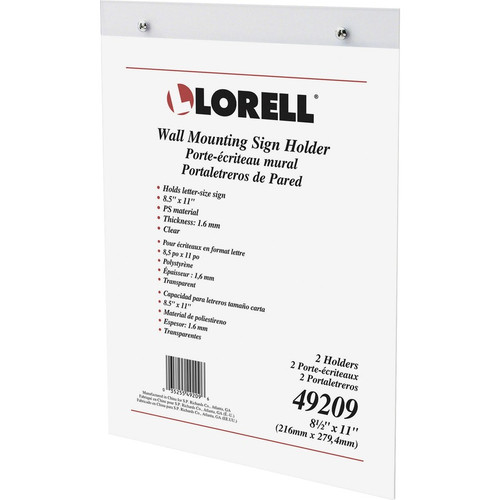 Lorell Wall-Mounted Sign Holders - Support 8.50" x 11" Media - Acrylic - 2 / Pack - Clear (LLR49209)